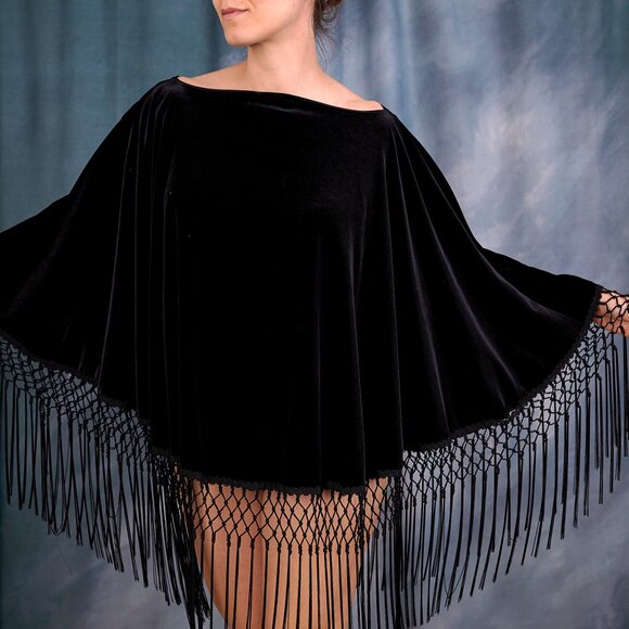 Vintage 70's Black Velvet Cape With Long Fringe - Picture 1 of 6